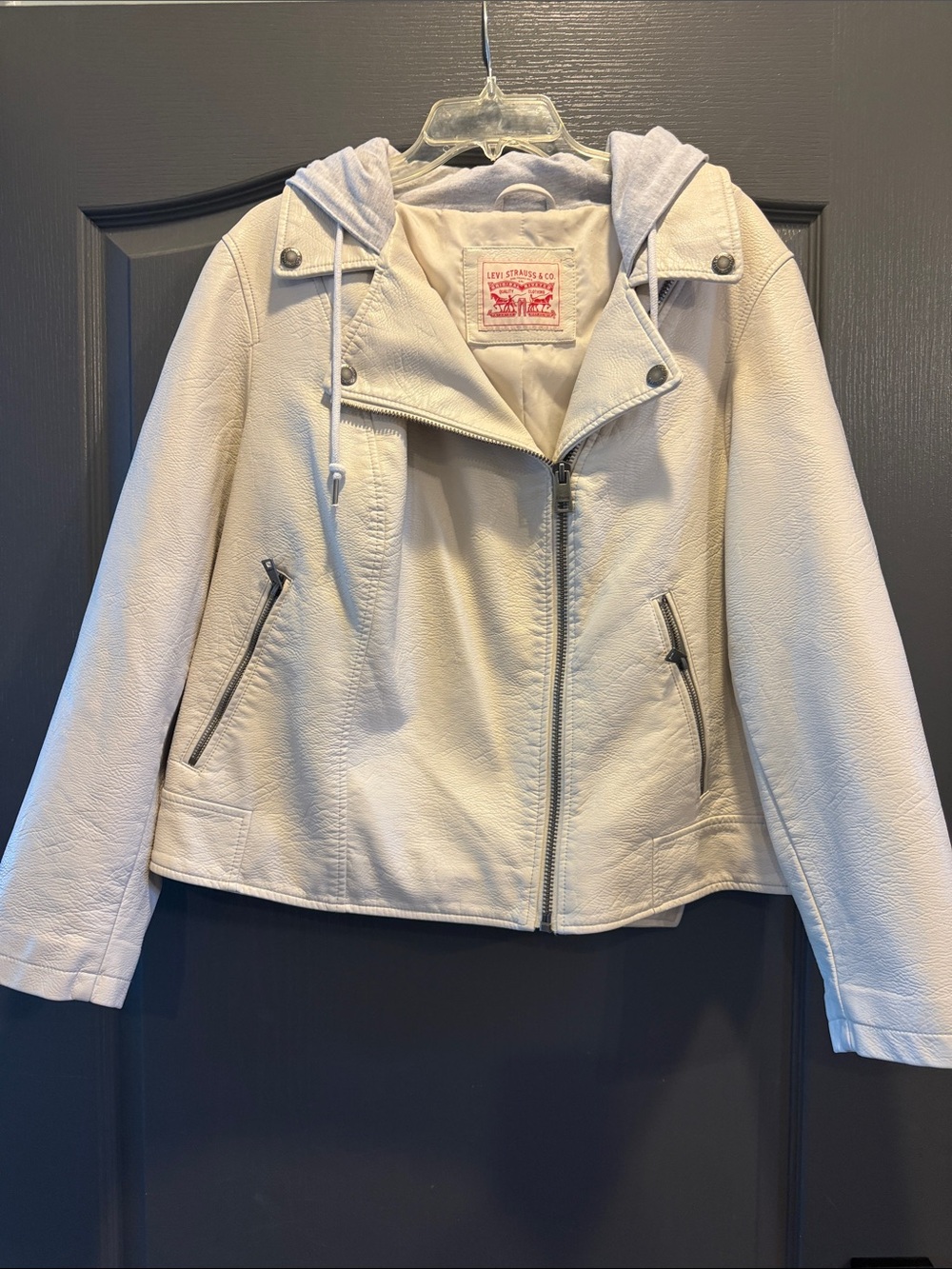 Levi's Women's Off-White Faux Leather Moto Jacket with Hoodie M